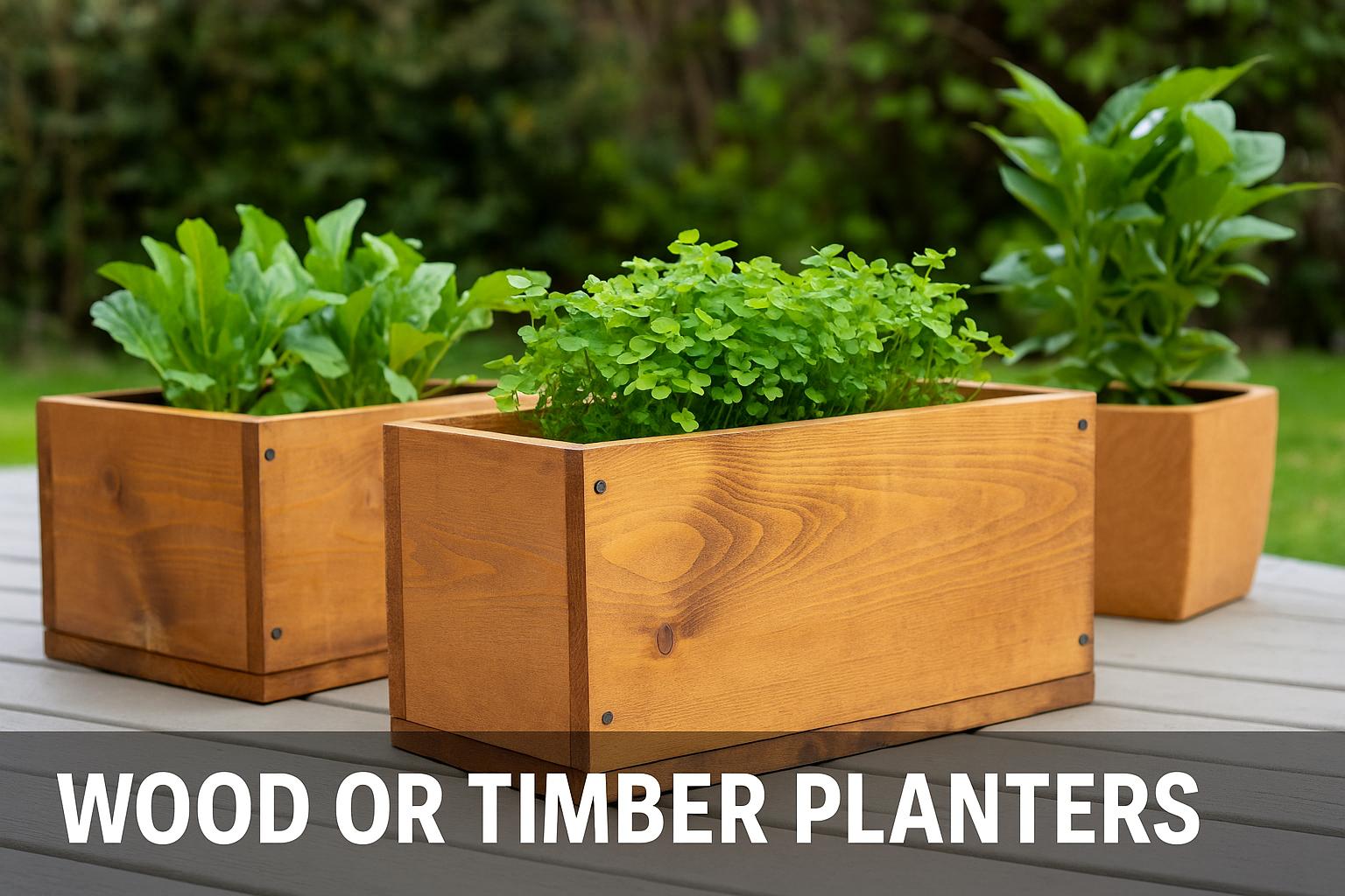 Three wooden or timber planters filled with blooming flowers and herbs, placed outdoors under daylight, showcasing natural and durable gardening containers.